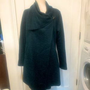 BB Dakota Teal Black Wool Blend Wrap Coat